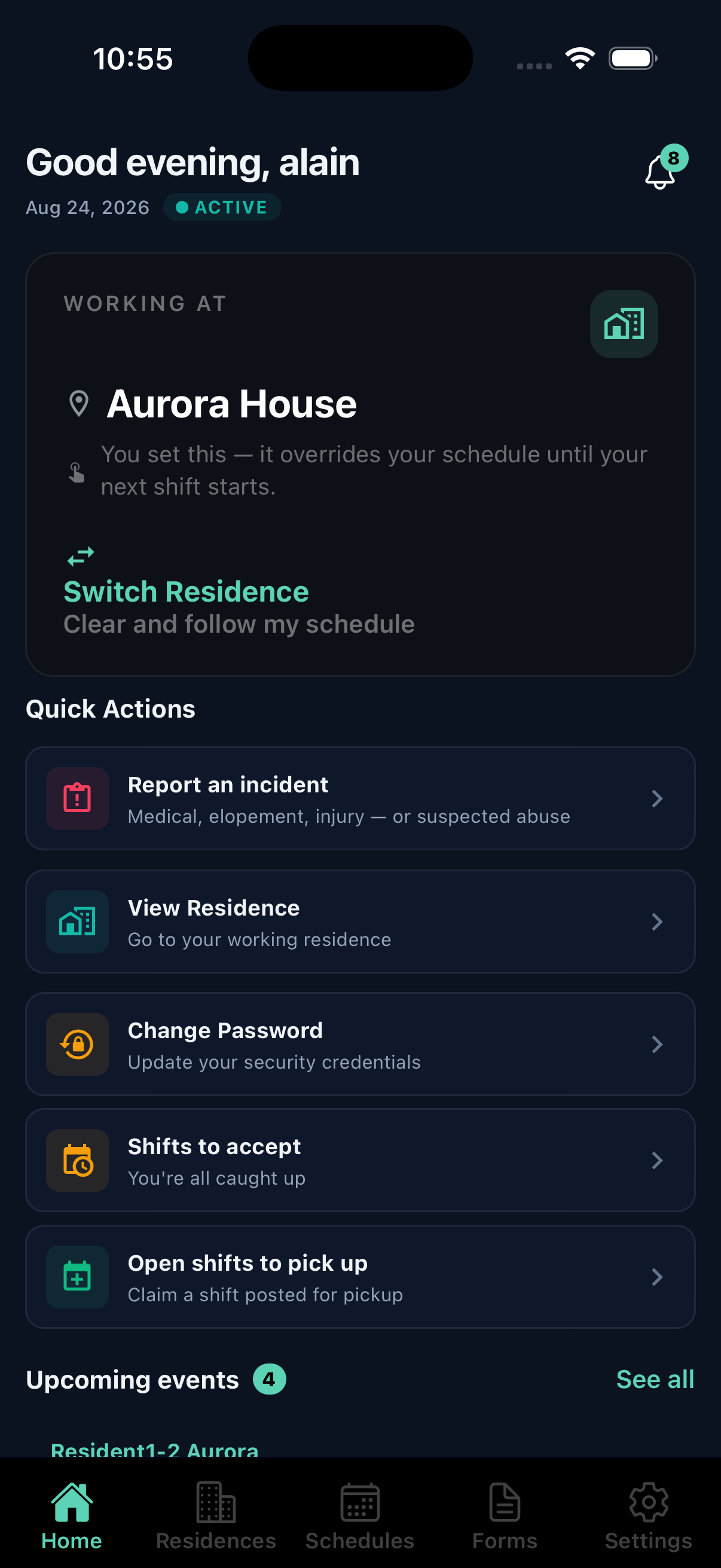 The Easydocks home screen on a phone, showing the residence the worker is signed in at, and quick actions for reporting an incident or picking up an open shift.