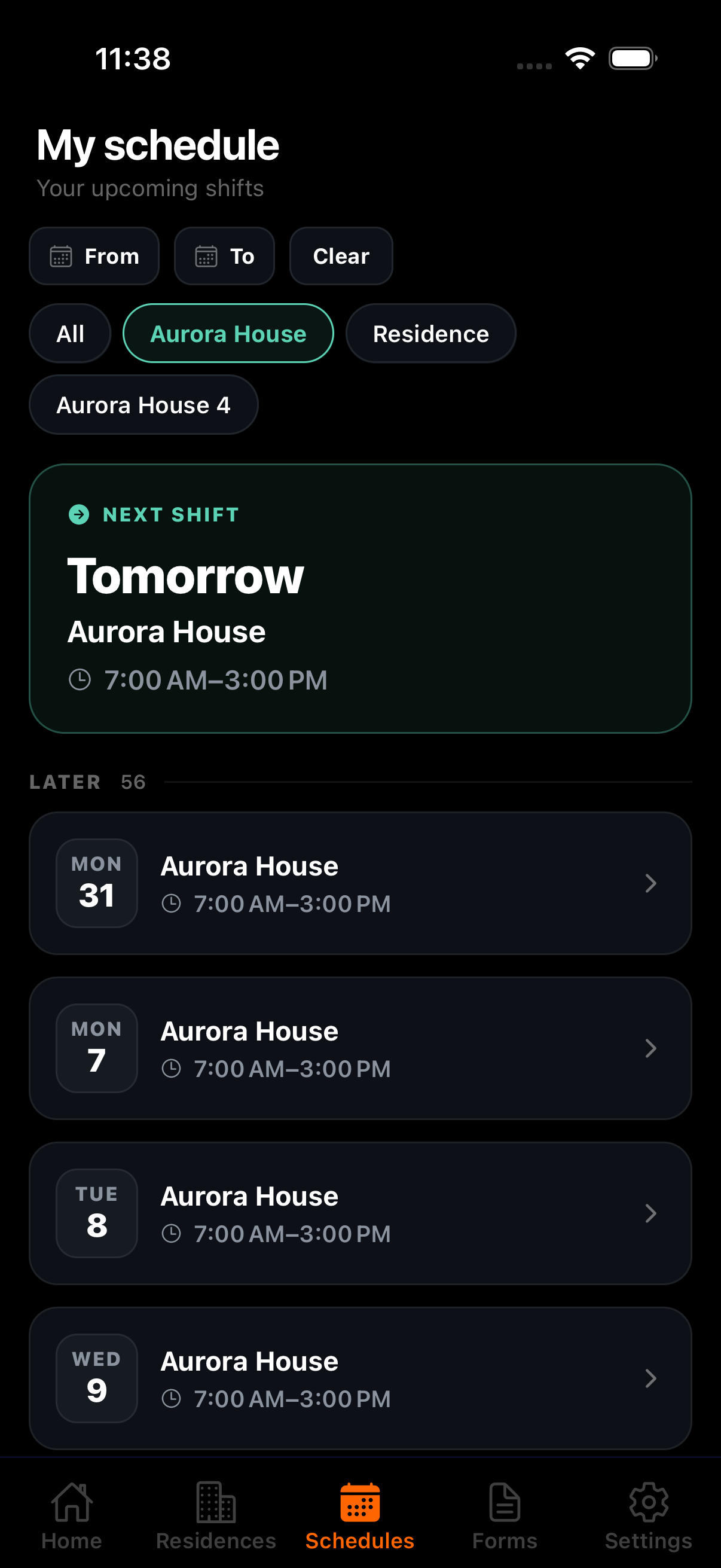 A support worker's schedule on a phone, with the next shift called out at the top and the rest of the rotation listed underneath by date, house, and hours.