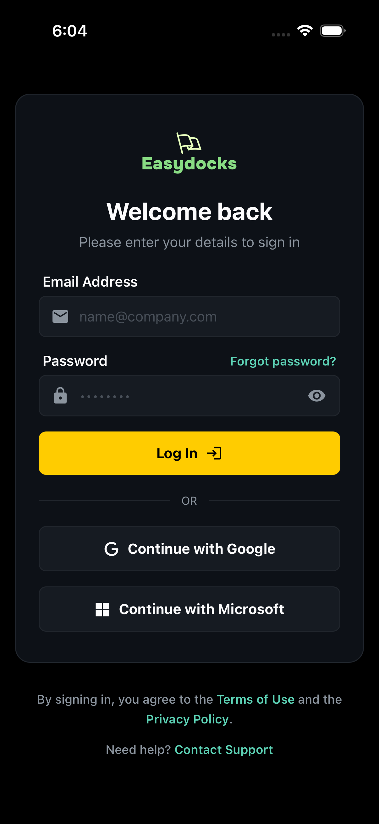 The Easydocks sign-in screen on a phone, with fields for a work email address and password, and buttons to continue with a work Google or Microsoft account.